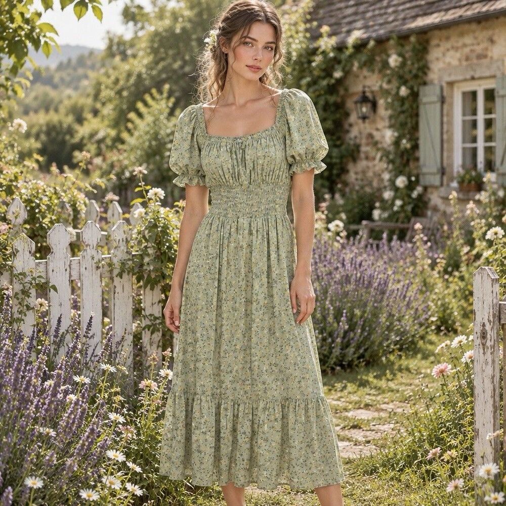 Celebrity Pink XL Sage Green Floral Puff Sleeve Smocked Maxi Dress Milkmaid